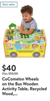 Walmart Cocomelon wheels on the bus wooden activity table, recycled wood, officially licensed kids toys for ages 18 month and up, gif offer