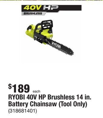 The Home Depot Ryobi 40v hp brushless 14 in. battery chainsaw (tool only) offer