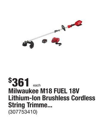 The Home Depot Milwaukee m18 fuel 18v lithium-ion brushless cordless string trimmer with quik-lok attachment capability and 8.0 ah battery offer