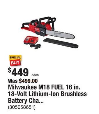 The Home Depot Milwaukee m18 fuel 16 in. 18-volt lithium-ion brushless battery chainsaw kit with 12.0 ah battery and m18 rapid charger offer
