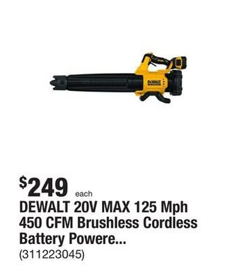 The Home Depot Dewalt 20v max 125 mph 450 cfm brushless cordless battery powered handheld leaf blower with (1) 5ah battery & charger offer