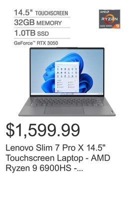 Costco Lenovo slim 7 pro x 14.5 touchscreen laptop - amd ryzen 9 6900hs - geforce rtx 3050 - 120hz 3072 x 1920 display - windows 11 offer