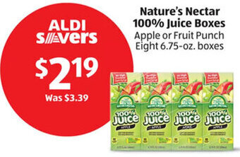 Aldi Nature's Nectar 100% Juice Boxes Apple or Fruit Punch Eight 6.75-oz. boxes offer
