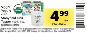 Safeway Siggi's Yogurt 24 oz, Stonyfield Kids Topper 4 oz offer