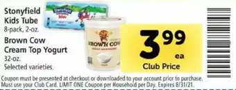 Safeway Stonyfield Kids Tube , Brown Cow Cream Top Yogurt offer