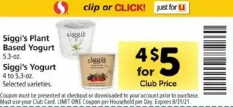 Safeway Siggi's Plant Based Yogurt, Siggi's Yogurt 4-5.3 oz offer