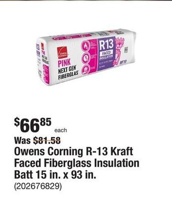 The Home Depot Owens corning r-13 kraft faced fiberglass insulation batt 15 in. x 93 in. offer