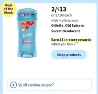 Walgreens Gillette, old spice or secret deodorant offer