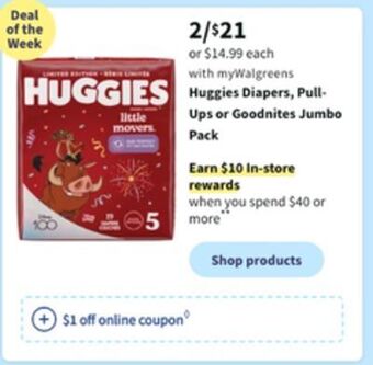 Walgreens Huggies diapers, pull-ups or goodnites jumbo pack offer