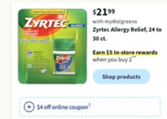Walgreens Zyrtec allergy relief, 24 to 30 ct. offer