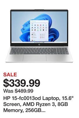 Office Depot Hp 15-fc0013od laptop, 15.6 screen, amd ryzen 3, 8gb memory, 256gb solid state drive, wi-fi 6, windows® 11 home offer