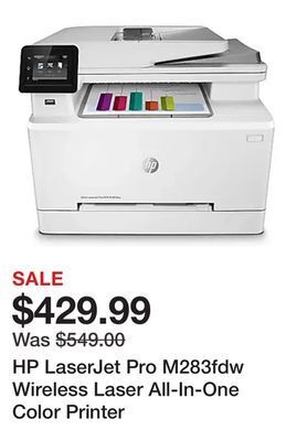 Office Depot Hp laserjet pro m283fdw wireless laser all-in-one color printer offer