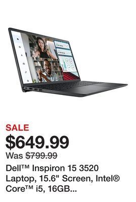 Office Depot Dell™ inspiron 15 3520 laptop, 15.6 screen, intel® core™ i5, 16gb memory, 256gb solid state drive, wi-fi 6, windows® 11 home offer