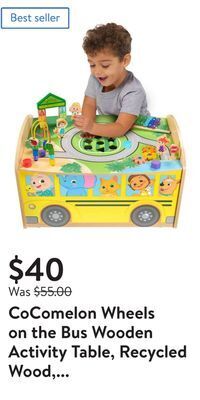 Walmart Cocomelon wheels on the bus wooden activity table, recycled wood, officially licensed kids toys for ages 18 month and up, gif offer