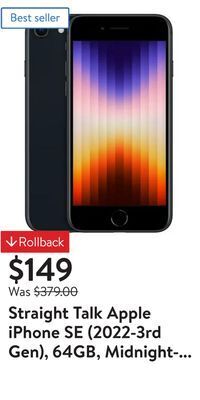 Walmart Straight talk apple iphone se (2022-3rd gen), 64gb, midnight- prepaid smartphone [locked to straight talk] offer