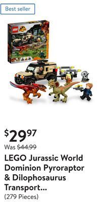 Walmart Lego jurassic world dominion pyroraptor & dilophosaurus transport 76951 offer
