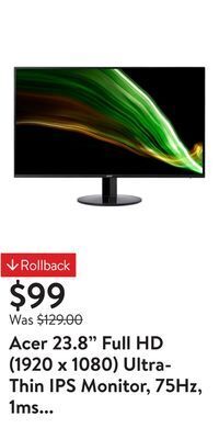 Walmart Acer 23.8 full hd (1920 x 1080) ultra-thin ips monitor, 75hz, 1ms vrb, sa241y bi, acer visioncare offer