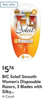 Walmart Bic soleil smooth women's disposable razors, 3 blades with silky moisture strip offer