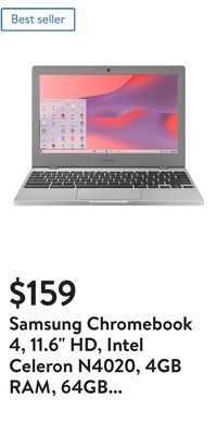 Walmart Samsung chromebook 4, 11.6 hd, intel celeron n4020, 4gb ram, 64gb emmc, platinum titan, wi-fi 5 offer