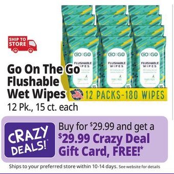 Ocean State Job Lot Go on the go flushable wet wipes, 15 ct, 12-pack (180 wipes total) offer