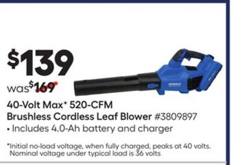 Lowe's 40-volt max v 520-cfm brushless cordless leaf blower offer