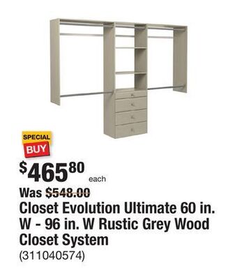 The Home Depot Closet evolution ultimate 60 in. w - 96 in. w rustic grey wood closet system offer