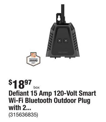 The Home Depot Defiant 15 amp 120-volt smart wi-fi bluetooth outdoor plug with 2 outlets powered by hubspace offer