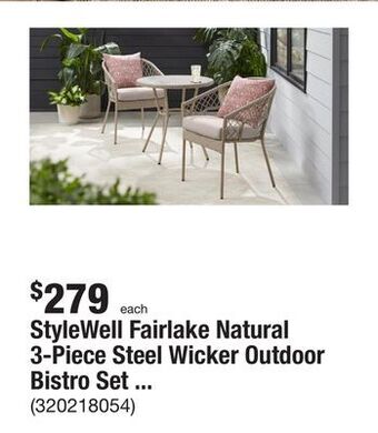 The Home Depot Stylewell fairlake natural 3-piece steel wicker outdoor bistro set with biscuit cushions offer