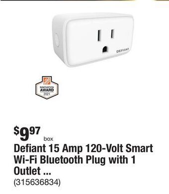 The Home Depot Defiant 15 amp 120-volt smart wi-fi bluetooth plug with 1 outlet powered by hubspace offer