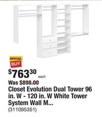 The Home Depot Closet evolution dual tower 96 in. w - 120 in. w white tower system wall mount 14-shelf wood closet system offer