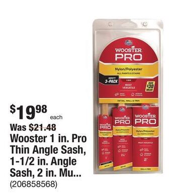 The Home Depot Wooster 1 in. pro thin angle sash, 1-1/2 in. angle sash, 2 in. multisize brush pack (3-pack) offer