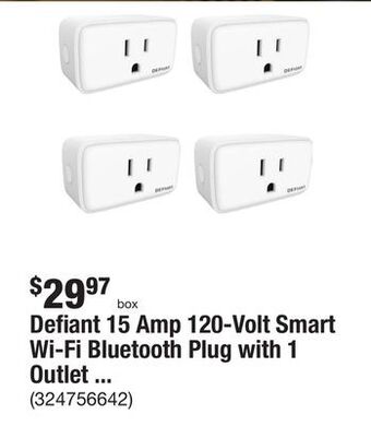 The Home Depot Defiant 15 amp 120-volt smart wi-fi bluetooth plug with 1 outlet powered by hubspace (4-pack) offer