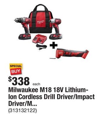 The Home Depot Milwaukee m18 18v lithium-ion cordless drill driver/impact driver/multi-tool combo kit (3-tool) offer