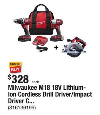 The Home Depot Milwaukee m18 18v lithium-ion cordless drill driver/impact driver combo kit (2-tool) w/ circular saw offer