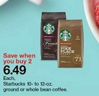 Target Starbucks 10- To 12-Oz Ground Or Whole Bean Coffee offer