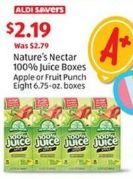 Aldi Nature's Nectar 100% Juice Boxes Apple or Fruit Punch Eight 6.75-oz. boxes offer