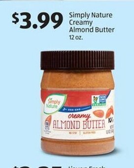 Aldi Simply Nature Creamy Almond Butter 12 oz offer