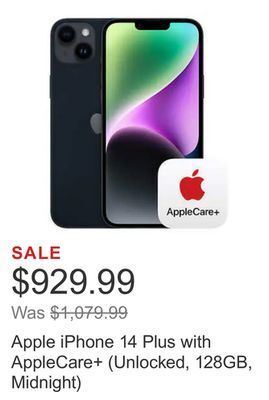 Costco Apple iphone 14 plus with applecare+ (unlocked, 128gb, midnight) offer