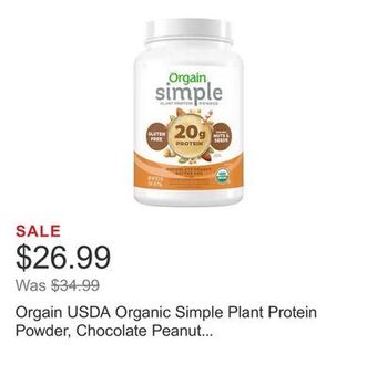 Costco Orgain usda organic simple plant protein powder, chocolate peanut butter cup, 32.6 oz offer