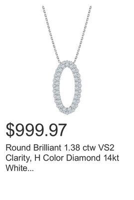 Costco Round brilliant 1.38 ctw vs2 clarity, h color diamond 14kt white gold necklace offer