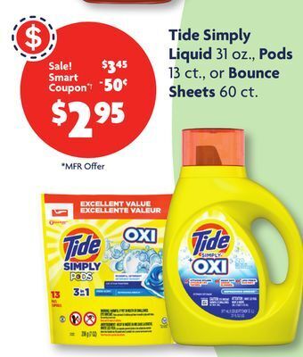 Family Dollar Tide simply liquid 31 oz., pods 13 ct., or bounce sheets 60 ct. offer
