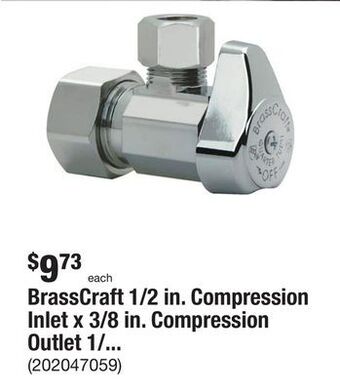 The Home Depot Brasscraft 1/2 in. compression inlet x 3/8 in. compression outlet 1/4-turn angle valve offer