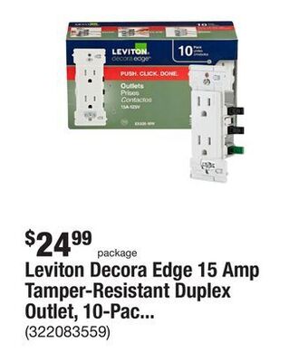 The Home Depot Leviton decora edge 15 amp tamper-resistant duplex outlet, 10-pack, white offer