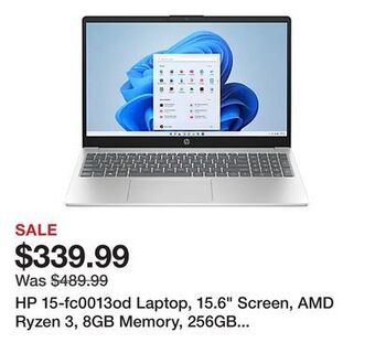 Office Depot Hp 15-fc0013od laptop, 15.6 screen, amd ryzen 3, 8gb memory, 256gb solid state drive, wi-fi 6, windows® 11 home offer