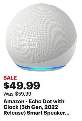 Best Buy Amazon - echo dot with clock (5th gen, 2022 release) smart speaker with alexa - glacier white offer