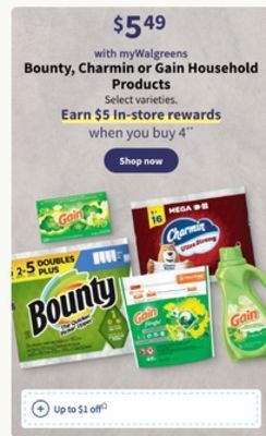 Walgreens Bounty, charmin or gain household products offer