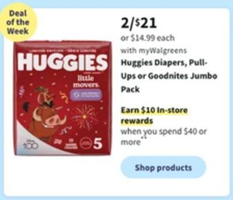 Walgreens Huggies diapers, pull-ups or goodnites jumbo pack offer