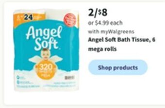 Walgreens Angel soft bath tissue, 6 mega rolls offer