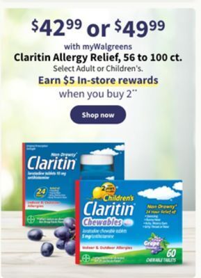 Walgreens Claritin allergy relief, 56 to 100 ct. offer