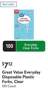 Walmart Great value everyday disposable plastic forks, clear offer